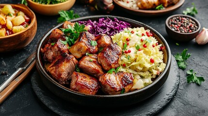 Traditional Czech cuisine featuring pork meat, dumplings, and cabbage on a dark stone table.
