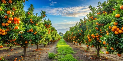 Fototapeta premium Sun-Kissed Oranges in a Grove, Lush Green Leaves, Golden Fruits, Pathway, Citrus, Orchard, Farm
