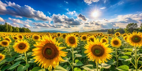 Obraz premium Sun-Kissed Sunflowers Field with Bright Blue Sky, Landscape Photography, Sun, Yellow, Green, Sunflower field, field