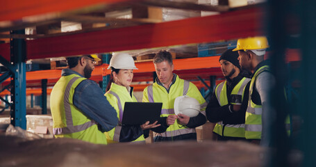 Employees, tablet and group in warehouse, teamwork and inventory with connection. People, factory...