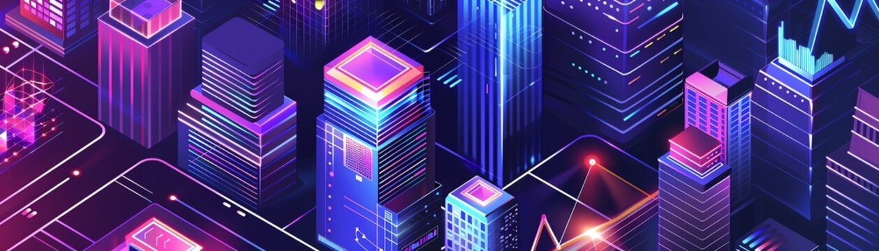 Isometric cityscape with skyscrapers, charts, and graphs, representing urban planning and statistics