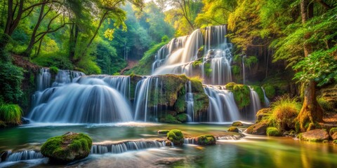 Obraz premium Tranquil Waterfall Cascade Through Lush Green Forest, Long Exposure Photography, Water Feature, Nature Photography, Forest, Waterfall, Water