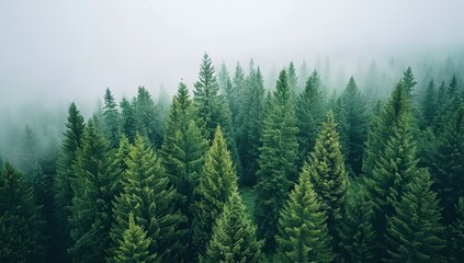 Aerial view of tall green pine trees in a forest with an overcast sky