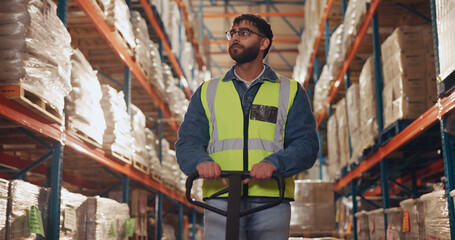 Logistics, box and man with trolley in warehouse for supply chain, packaging and inventory...