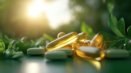 Close-up of translucent golden omega-3 capsules on fresh green fish oil capsules.