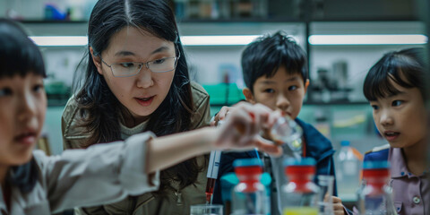 A teacher guides students in a science experiment, promoting learning and discovery in a classroom setting.. asian woman