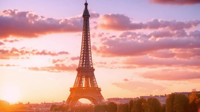 Eiffel Tower at sunset in Paris, France, Romantic travel background, beautiful, footage, 4k footage, videos, video clip, slow motion, 4k, short video