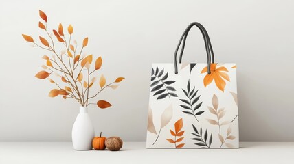 Stylized illustration of shopping bag with geometric pattern of autumn leaves.