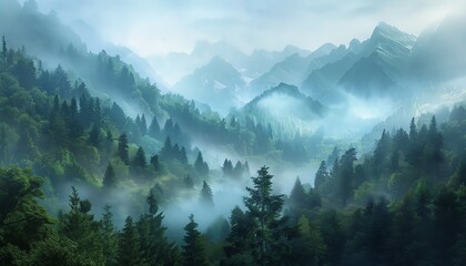 Misty mountain landscape with dense forests and rolling hills