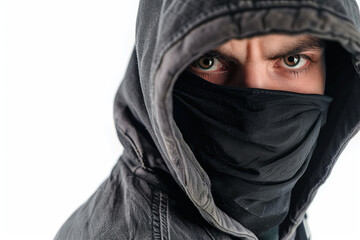 Naklejka premium Violence concept with a half-turned thief wearing a black mask and hoodie, looking angrily at the camera, isolated on a white background