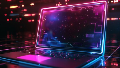 Neonlit laptop with glowing pink and blue frame, dark background, futuristic tech vibe
