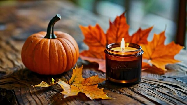 A lit candle in a glass jar, a pumpkin and autumn leaves on a wooden table, creating a cozy and warm atmosphere.