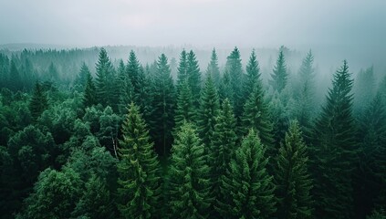 Aerial view of tall green pine trees in a forest with an overcast sky