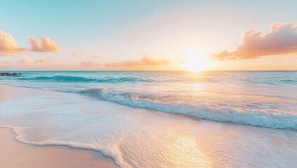 Fototapeta premium Stunning Turquoise Ocean Waves Gently Lapping Against Golden Sand at Sunset, Shoreline
