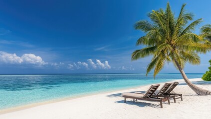 Serene Tropical Beach With Palm Tree and Two Comfortable Sunbeds Under Clear Blue Skies