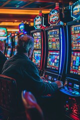 Person playing slot machines in a vibrant casino