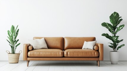 Elegant Beige Leather Sofa, Lush Green Plants in a Minimalistic Living Space