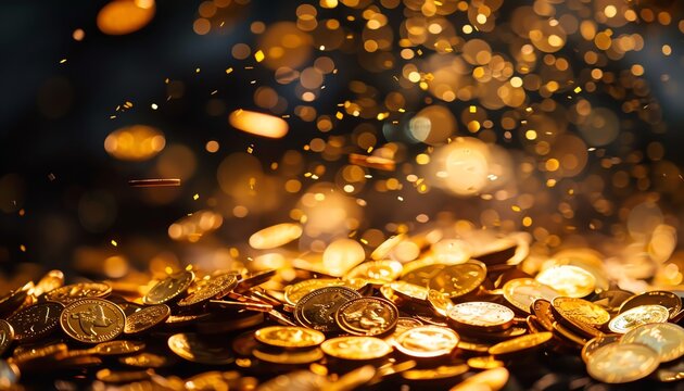 Pile of gold coins being showered with more coins