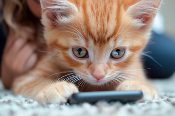 Orange cat playing with a cell phone and taking a selfie