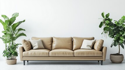 Stylish Beige Leather Sofa, Lush Green Plants in a Bright Room
