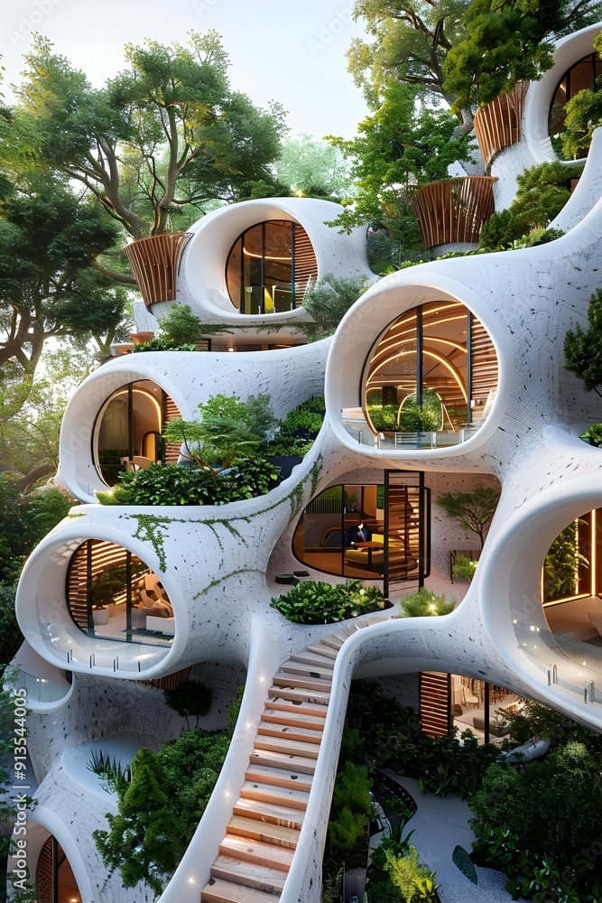 Poster modern organic architecture with circular windows and a central courtyard.