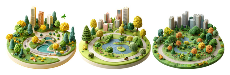 Miniature city parks set isolated on transparent background