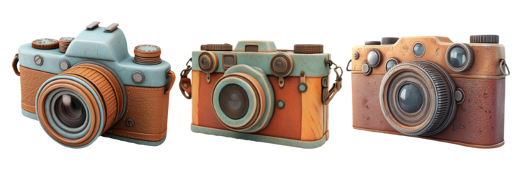 Vintage cameras set isolated on transparent background