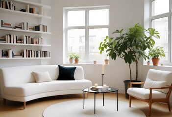 Fototapeta premium Interior of a A modern, minimalist living room with a large white curved sofa, built-in bookshelves on the walls, and a large window providing natural light