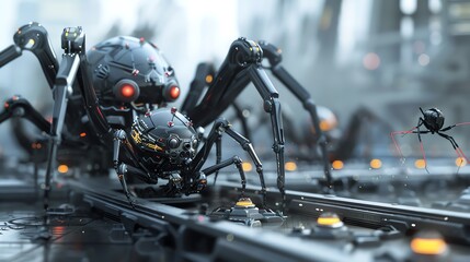 Fototapeta premium Robotic spiders working on a futuristic device, showcasing advanced technology