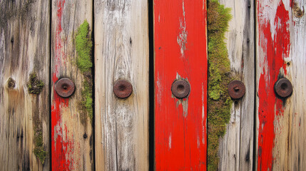 Weathered Wooden Planks with Rusted Bolts and Moss