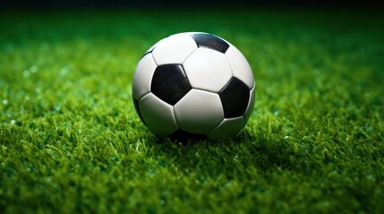 Obraz premium A soccer ball laying on artificial grass, viewed from the top,