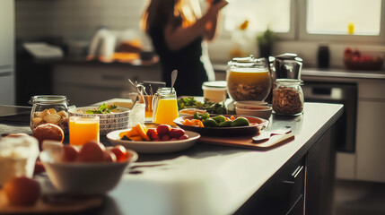 Bright and Inviting Breakfast Spread with Fresh Fruits and Juice