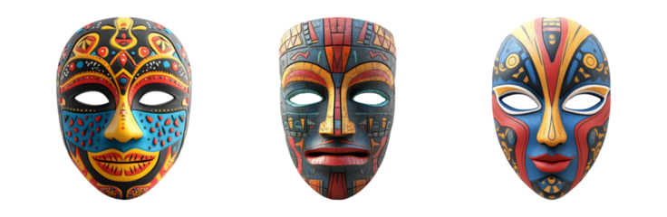 Colorful tribal masks set isolated on transparent background