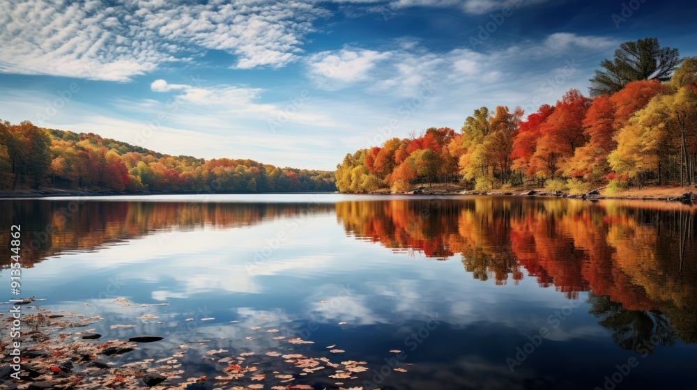 Poster an enchanting autumn view of a tranquil lake surrounded by trees in full fall colors reflections