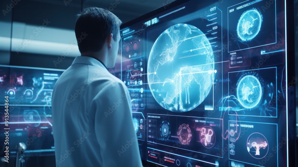 Poster a healthcare provider touches a tablet displaying a digital healthcare interface with dna visualizat