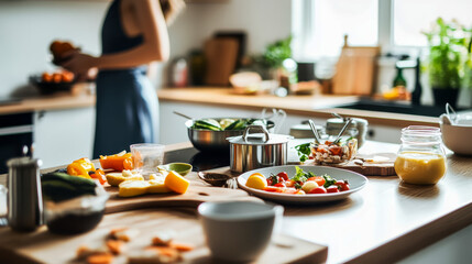 Naklejka premium Bright and Inviting Breakfast Spread with Fresh Fruits and Juice