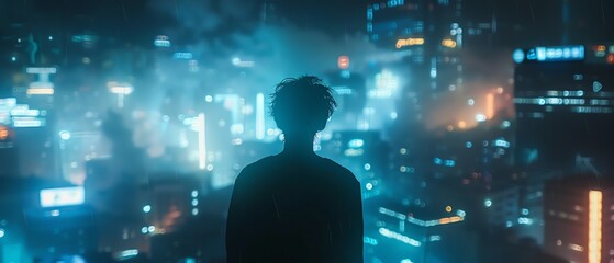 Silhouette of person in futuristic city, bright lights, dystopian atmosphere, wide shot