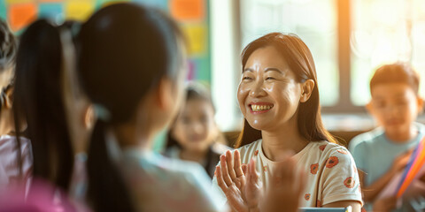A teacher smiles brightly as she interacts with her students in a classroom setting.. asian woman