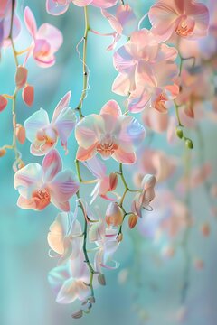 Soft pastel background with hanging orchids