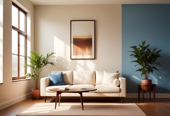 Interior of a A minimalist living room with poster frame a white sofa, wooden coffee table, and a large framed artwork on the wall