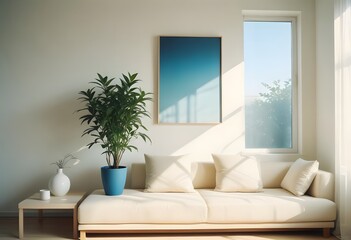 Interior of a A minimalist living room with poster frame a white sofa, wooden coffee table, and a large framed artwork on the wall