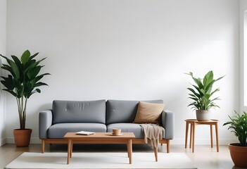A modern living room with a gray sofa, wooden coffee table, and potted plants in the background