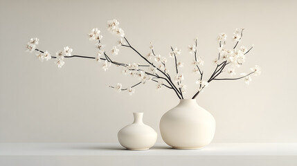 A minimalist arrangement featuring two white vases of varying sizes, adorned with delicate white blossoms on slender branches.