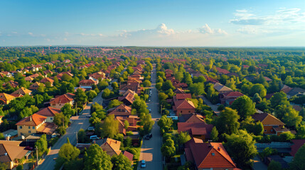 Aerial view of beautiful residential area in summer, houses with red roof and green trees on background
