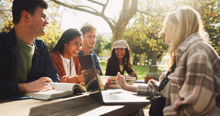 Group, happy and friends studying outdoor on school break, discussion and laughing for funny joke...