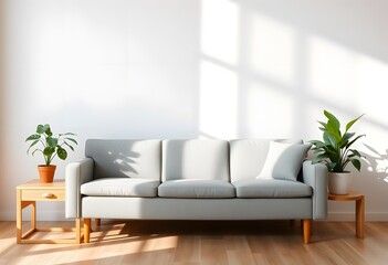 A modern gray sofa with wooden legs in a minimalist living room setting with a large window and a floor lamp