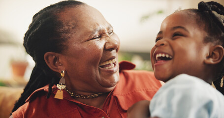 Smile, grandmother and kid laughing at house for bonding, love and care together of family support....