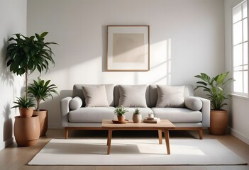 Interior of a A minimalist living room with poster frame a white sofa, wooden coffee table, and a large framed artwork on the wall