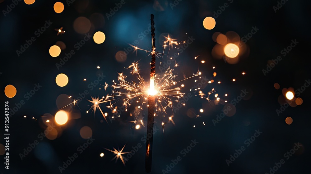 Poster a lit sparkler with bokeh lights in the background.