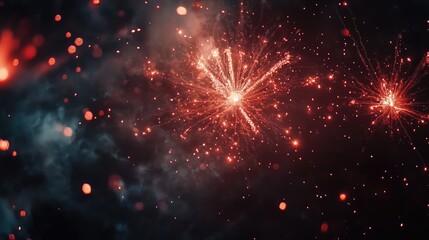 Red fireworks explode in the night sky with smoke and sparks.